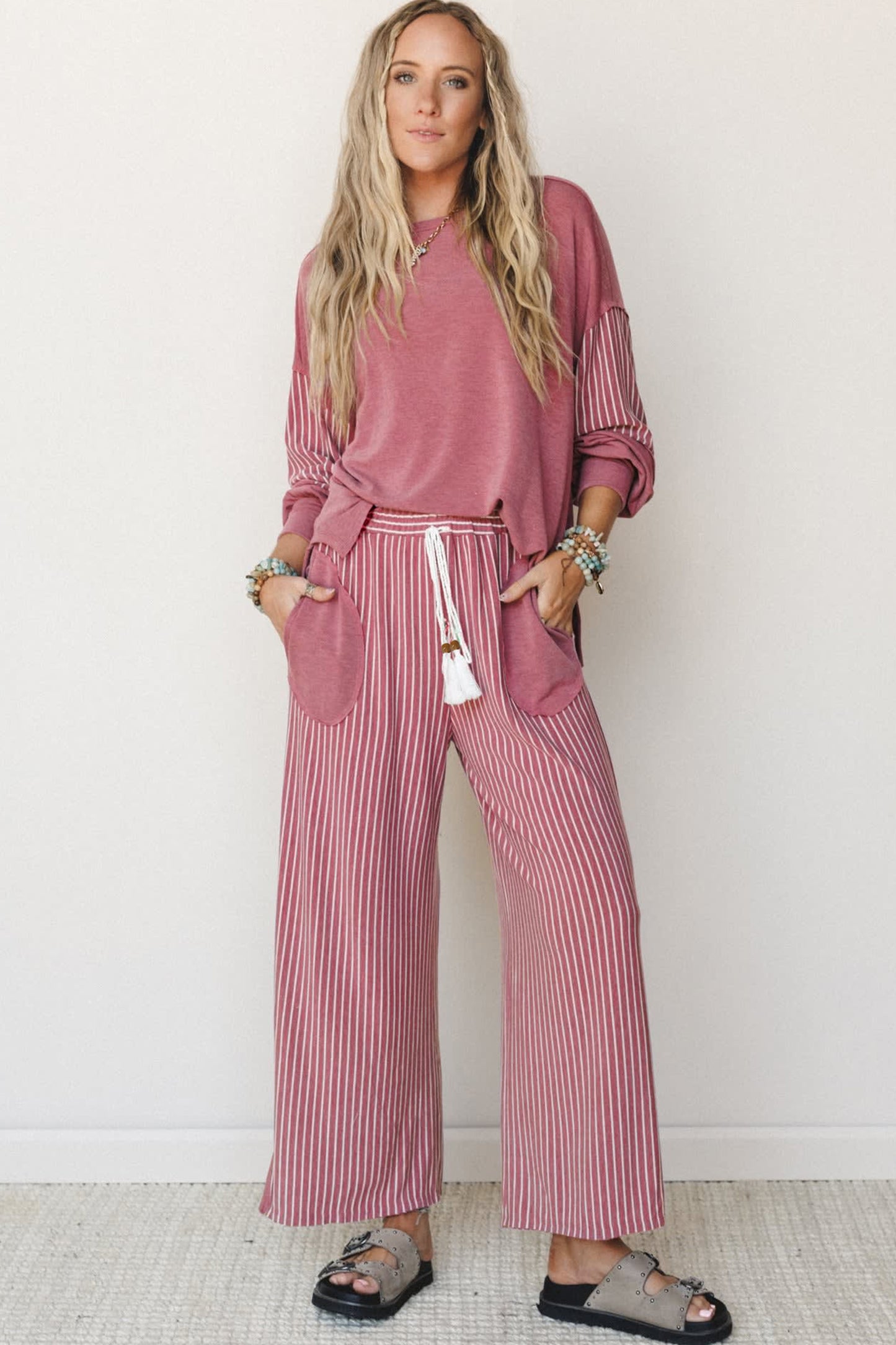 Fushia Raw Seam Patchwork Long Sleeve Top Pocket Casual Pants 2pcs Set