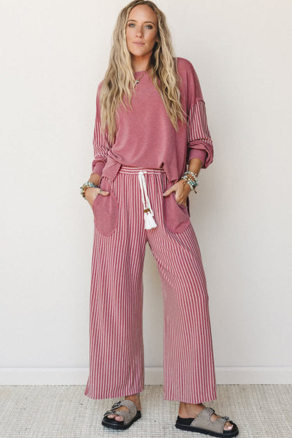 Fushia Raw Seam Patchwork Long Sleeve Top Pocket Casual Pants 2pcs Set