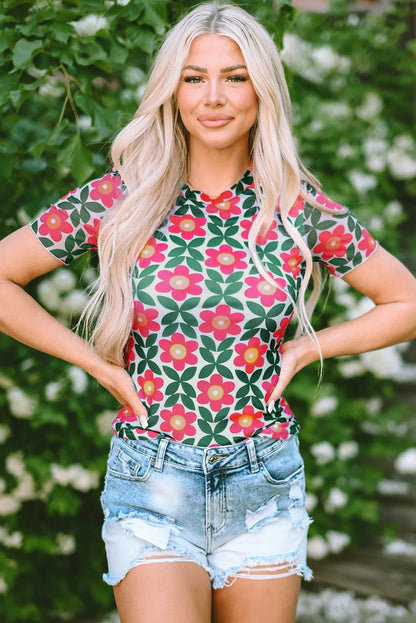 Fiery Red Retro Floral Print Crew Neck T Shirt - Chic Meadow Boutique 