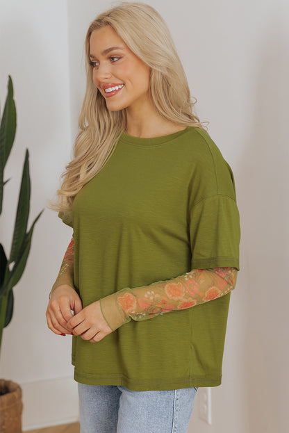 Fern Green Faux Two Piece Floral Long Sleeve Patchwork Tee