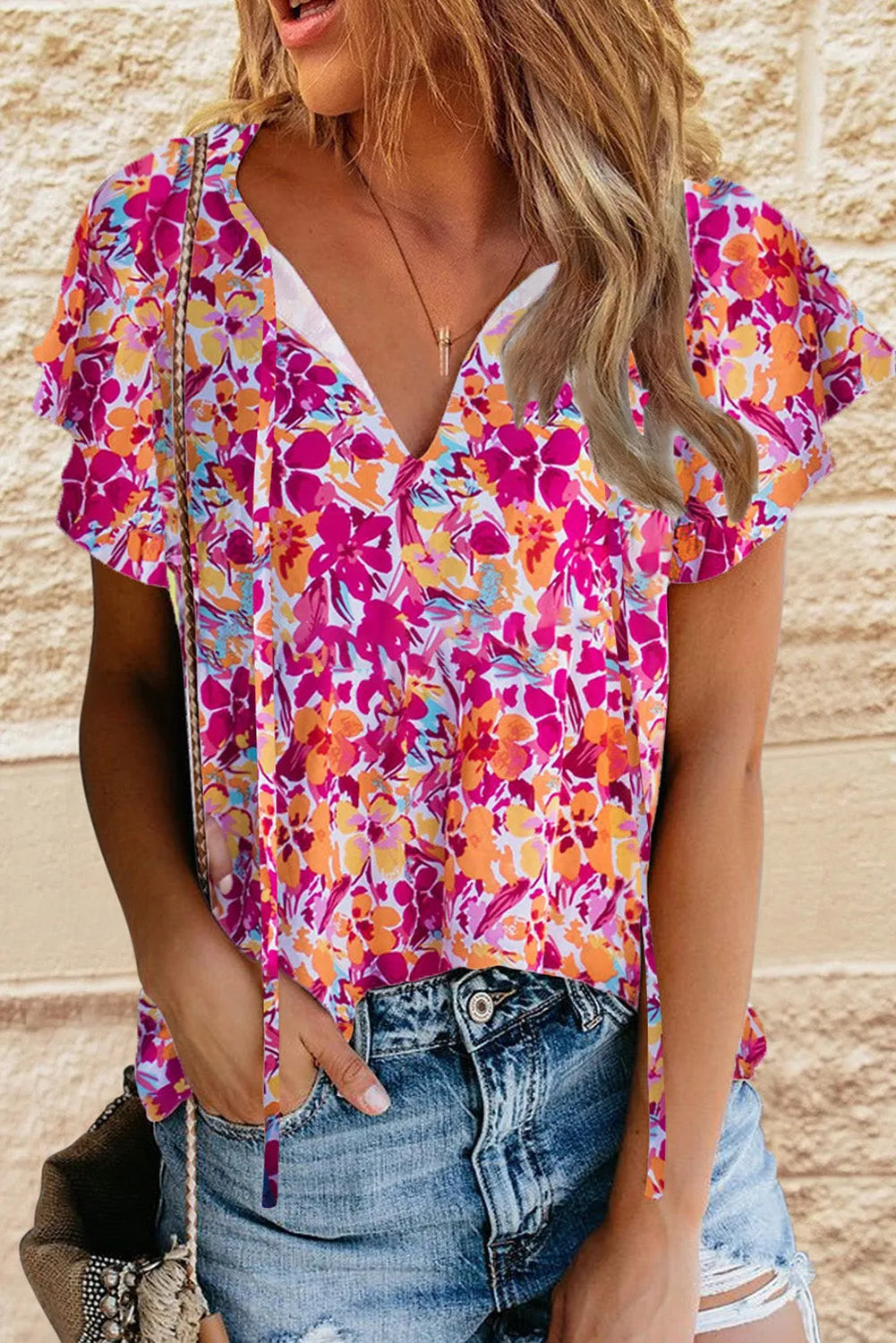 Fiery Red Flutter Sleeves Floral Print Top - Chic Meadow Boutique 