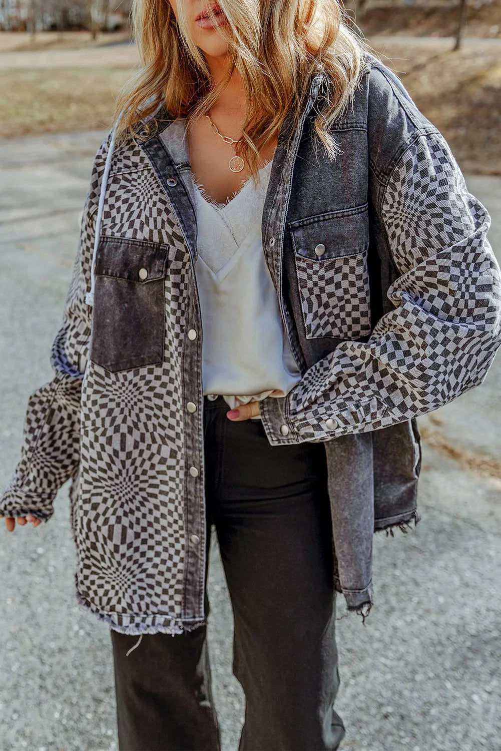 Gray Checked Patchwork Frayed Hem Hooded Denim Shacket - Chic Meadow Boutique 