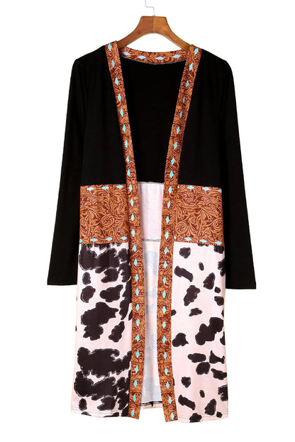 Black Western Pattern Cow Patchwork Open Front Cardigan - Chic Meadow Boutique 