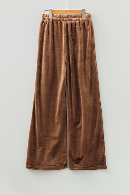 Coffee Straight Loose Drawstring Elastic High Waist Fleece Pants