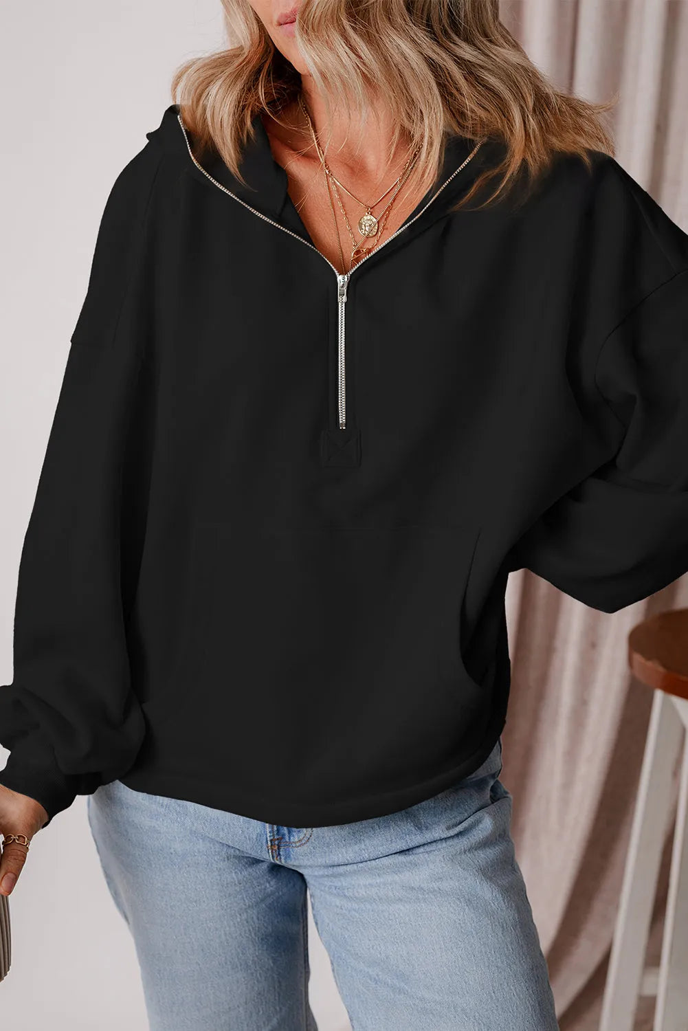 Black Fleece Lined Half Zipper Kangaroo Pockets Loose Hoodie - Chic Meadow Boutique 