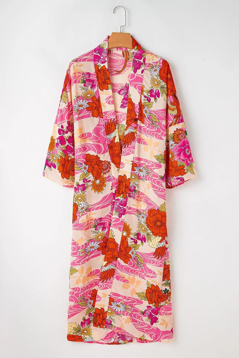 Outerwear/Kimonos Pink Floral Allover Print Open Front Belted Duster Kimono