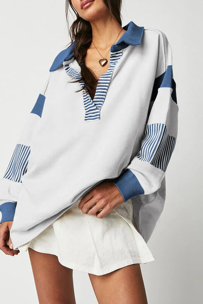 Dark Blue Striped Colorblock Patchwork Collar Sweatshirt - Chic Meadow Boutique 