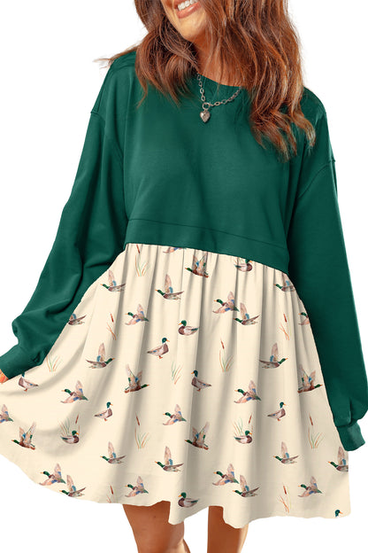 Green Solid Long Sleeve Patchwork Mallard Flared 2-in-1 Mini Dress