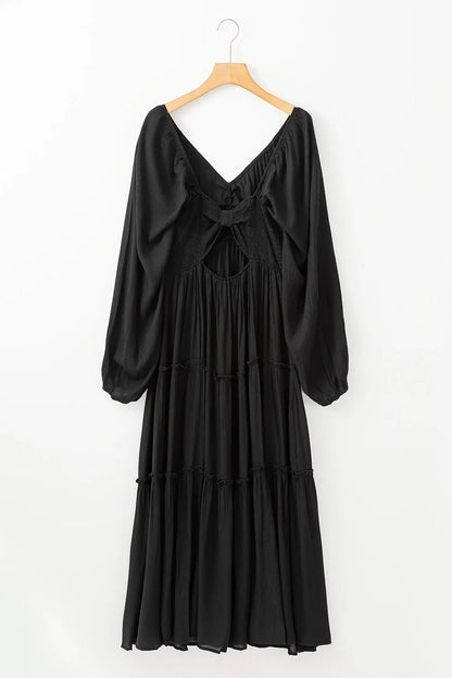 Black V Neck Bowknot Cutout Frill Tiered Maxi Dress - Chic Meadow Boutique 