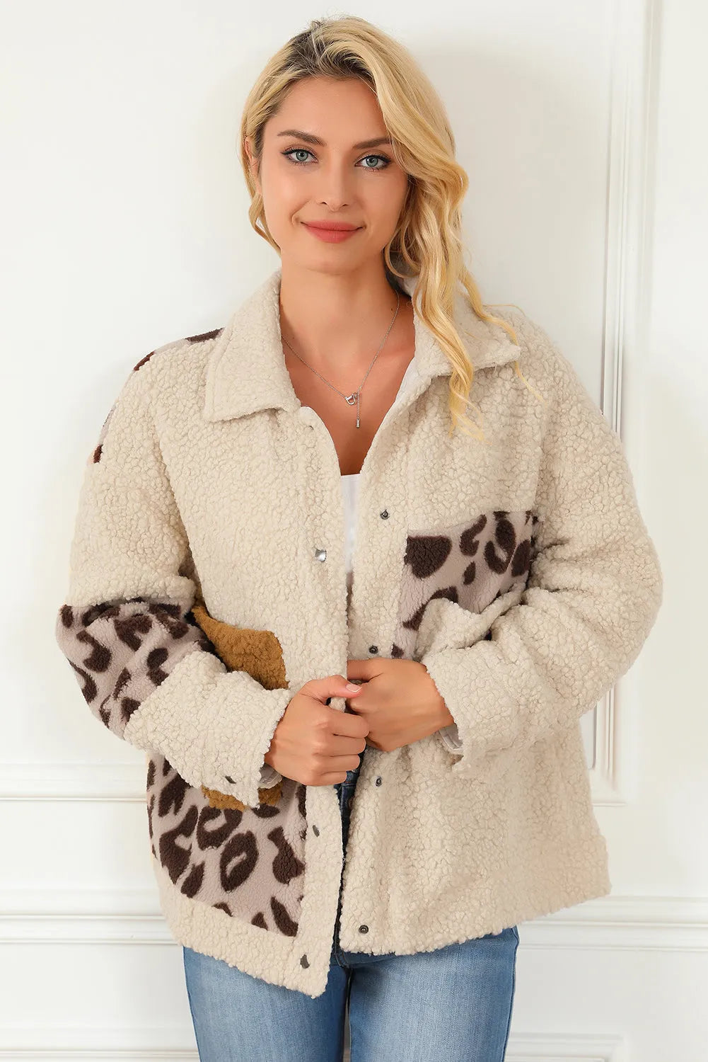 Beige Leopard Patchwork Snap Buttons Sherpa Jacket - Chic Meadow Boutique 