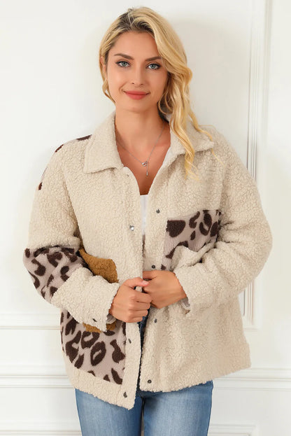 Beige Leopard Patchwork Snap Buttons Sherpa Jacket - Chic Meadow Boutique 