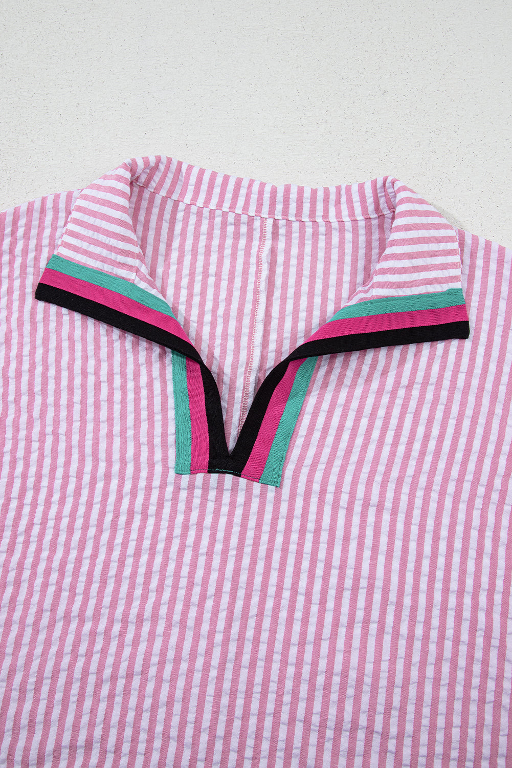 Sachet Pink Striped Print Contrast Split Neck Dolman Sleeve Blouse