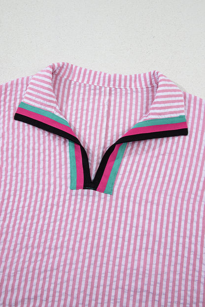 Sachet Pink Striped Print Contrast Split Neck Dolman Sleeve Blouse