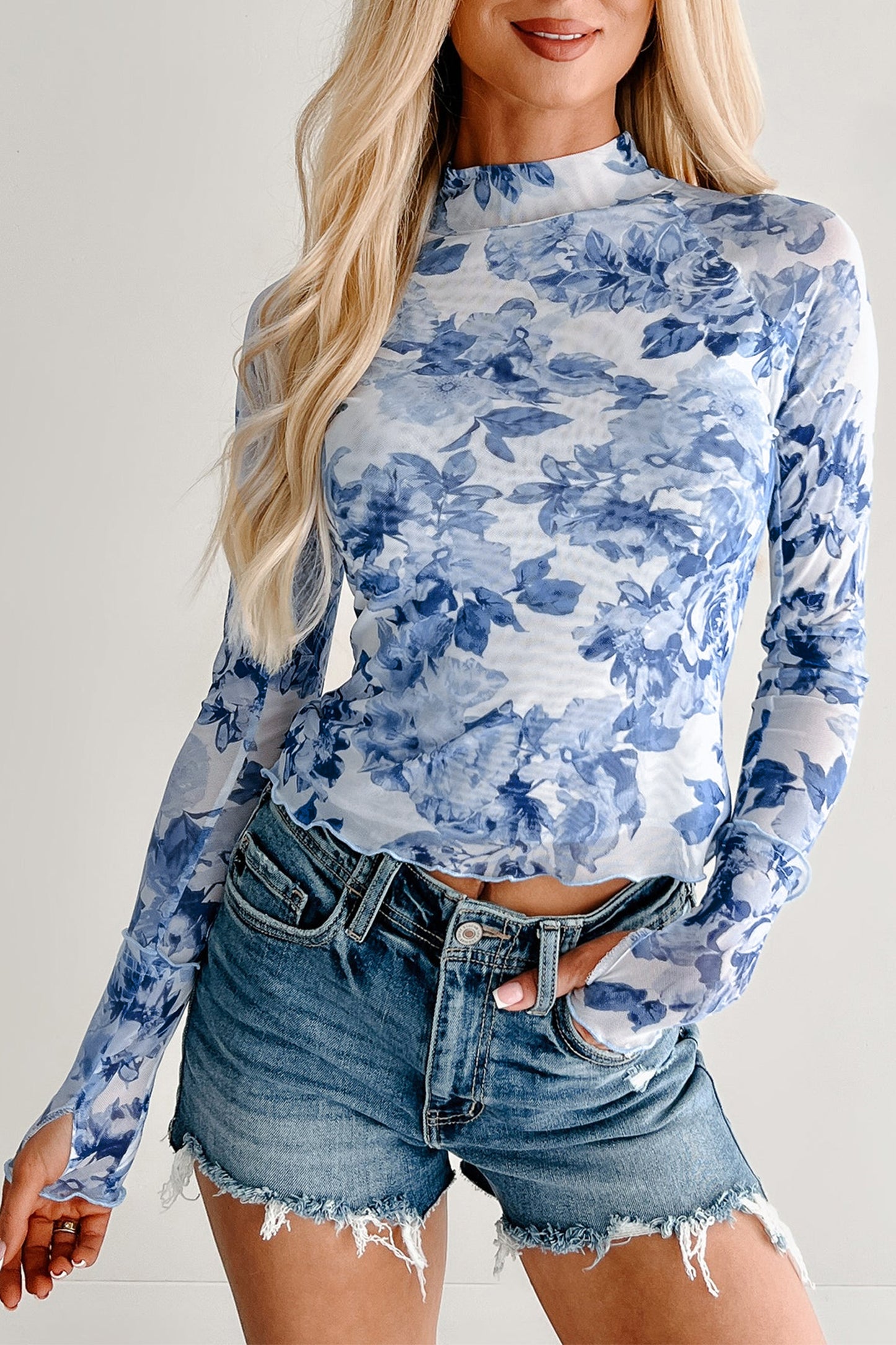 Sky Blue Floral Print Long Sleeve Stand Neck Mesh Top