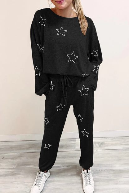 Black Stars Print Long Sleeve Drawstring High Waist Lounge Set - Chic Meadow Boutique 