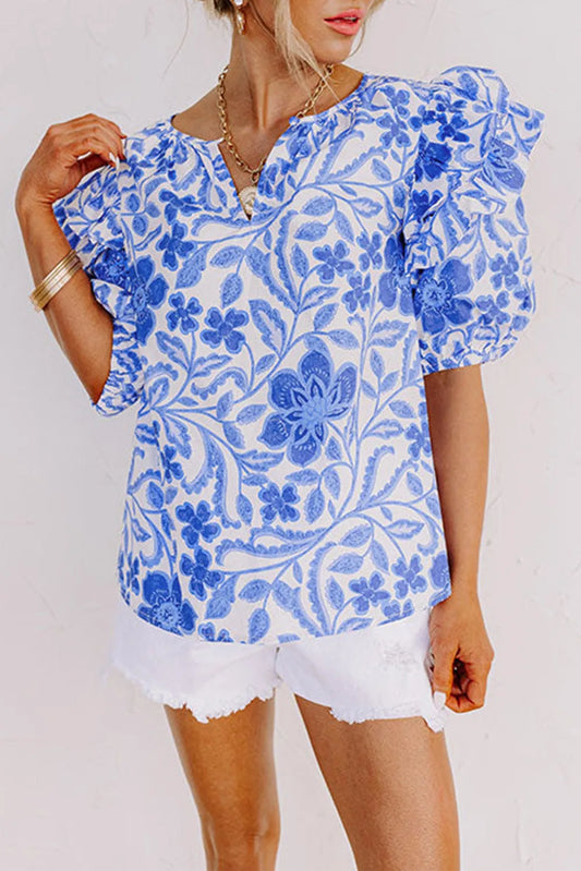 Dark Blue Floral Print Ruffled Bubble Sleeve Blouse - Chic Meadow Boutique 