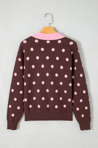 Pink Polka Dot Pattern Color Block Collared Loose Pullover Sweater