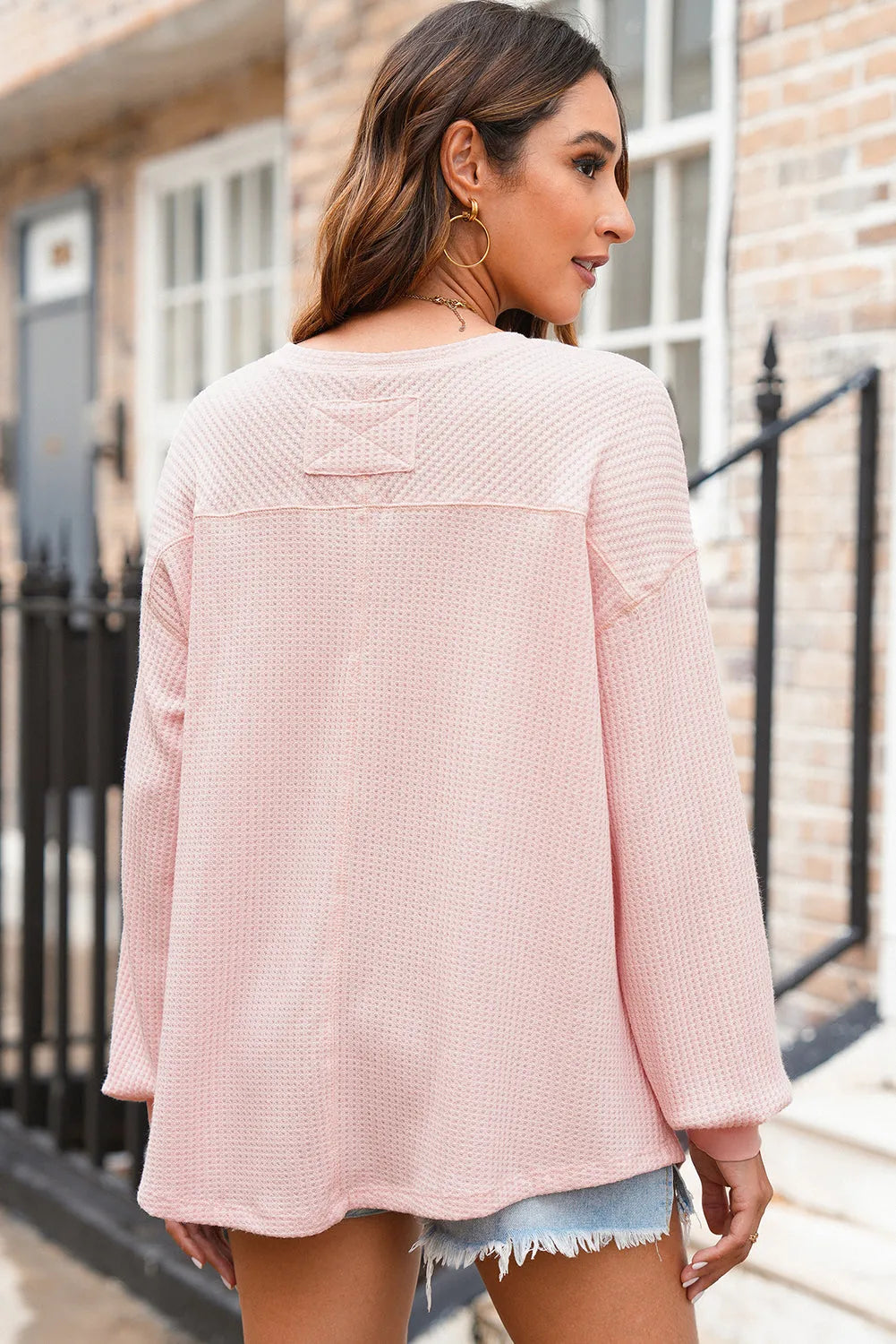 Light Pink Waffle V Neck Long Sleeve Drop Shoulder Loose Blouse - Chic Meadow Boutique 