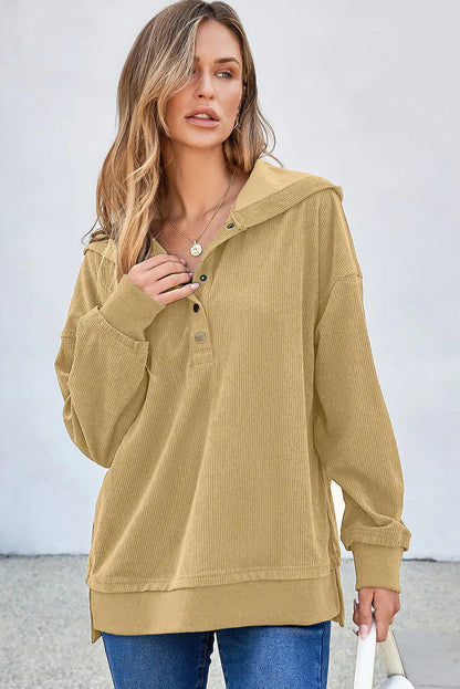 Simply Taupe Solid Ribbed Knit Buttoned Drop Shoulder Oversized Hoodie - Chic Meadow Boutique 