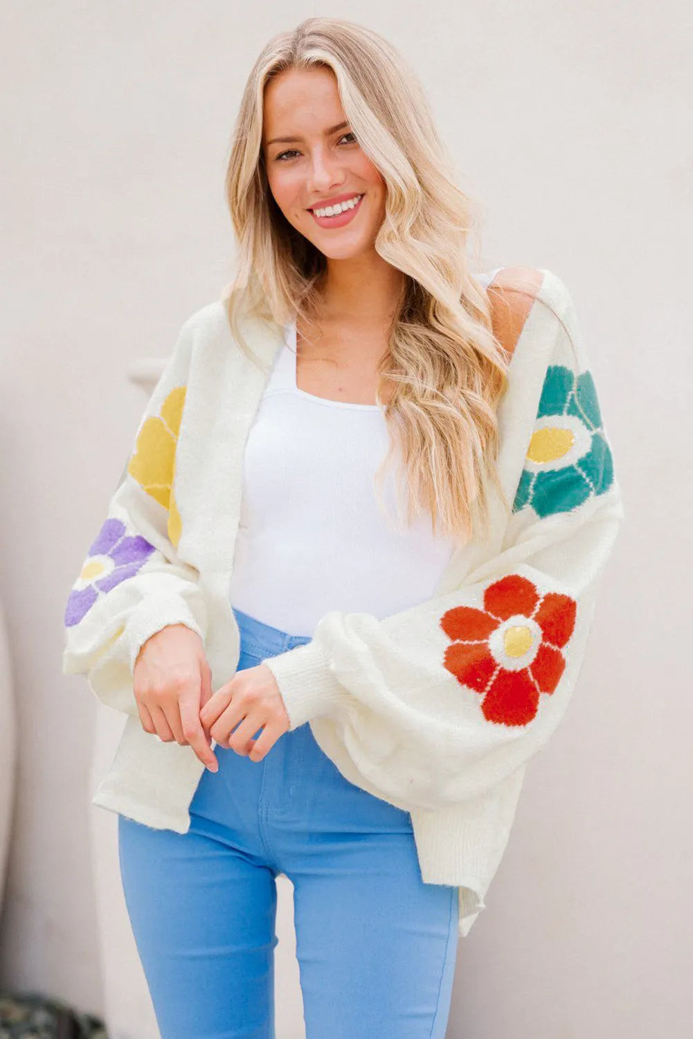 White Flower Jacquared Bubble Sleeve Open Cardigan - Chic Meadow Boutique 