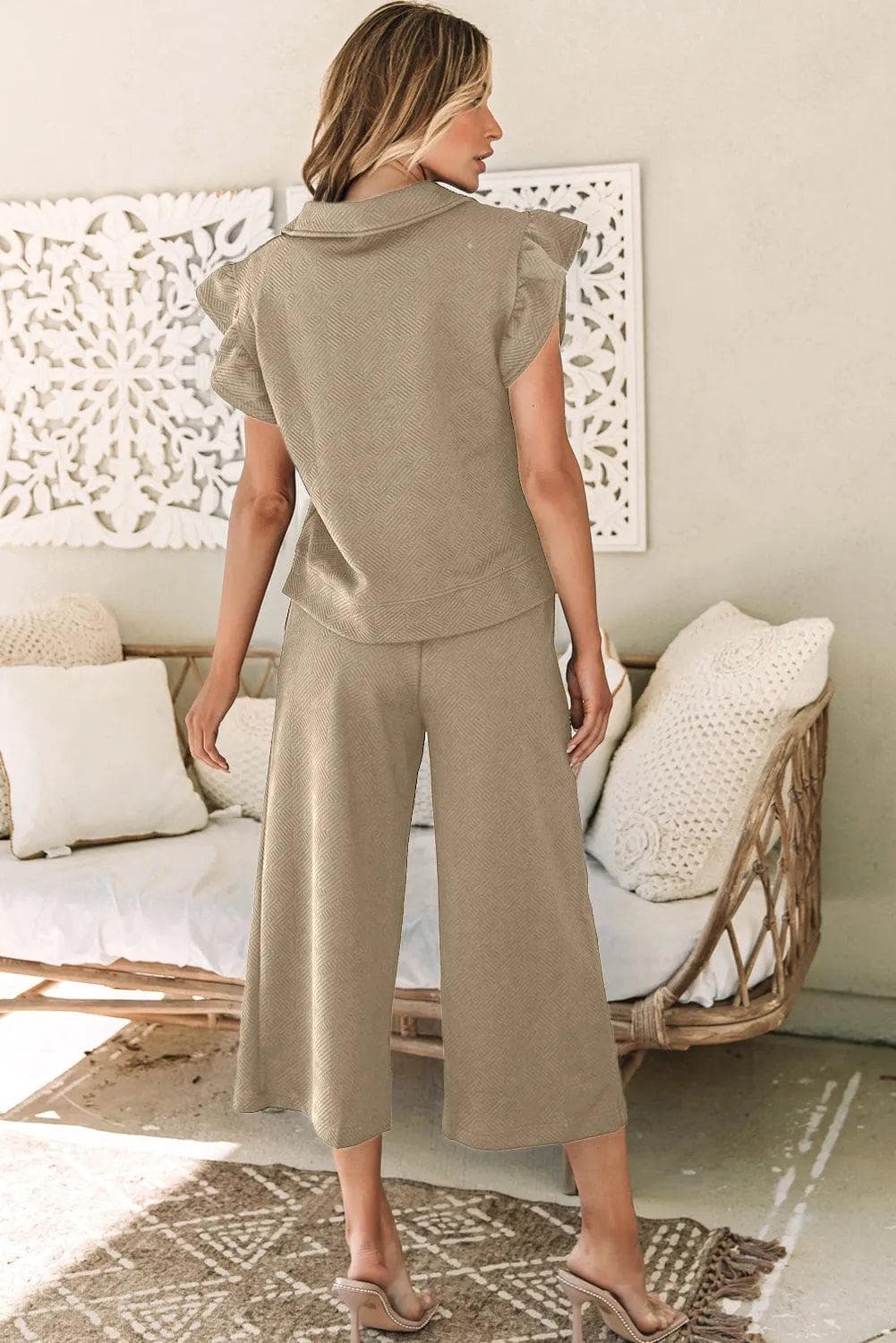 Two Piece Sets/Pant Sets Pale Khaki Textured Flutter Sleeve Top Wide Leg Pants Set