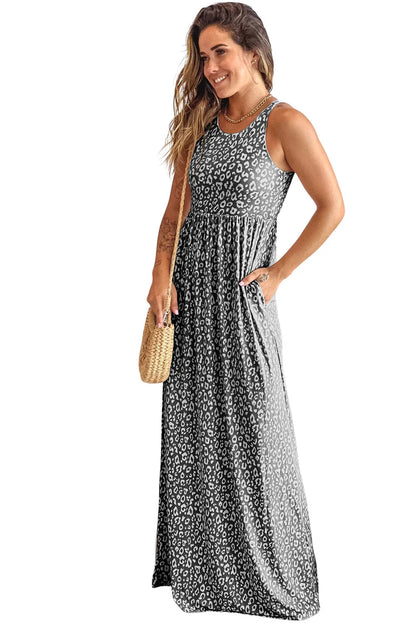 Gray Leopard Print Pocketed Sleeveless Maxi Dress - Chic Meadow Boutique 