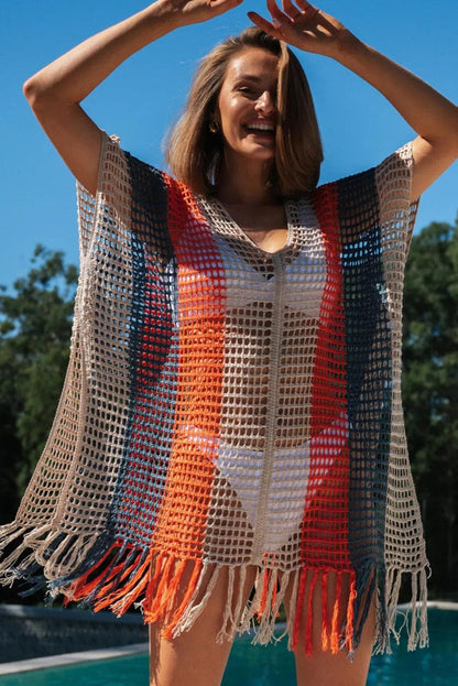 Swimwear/Beach Cover-ups Multicolor Striped Tassel Crochet V Neck Beach Cover Up