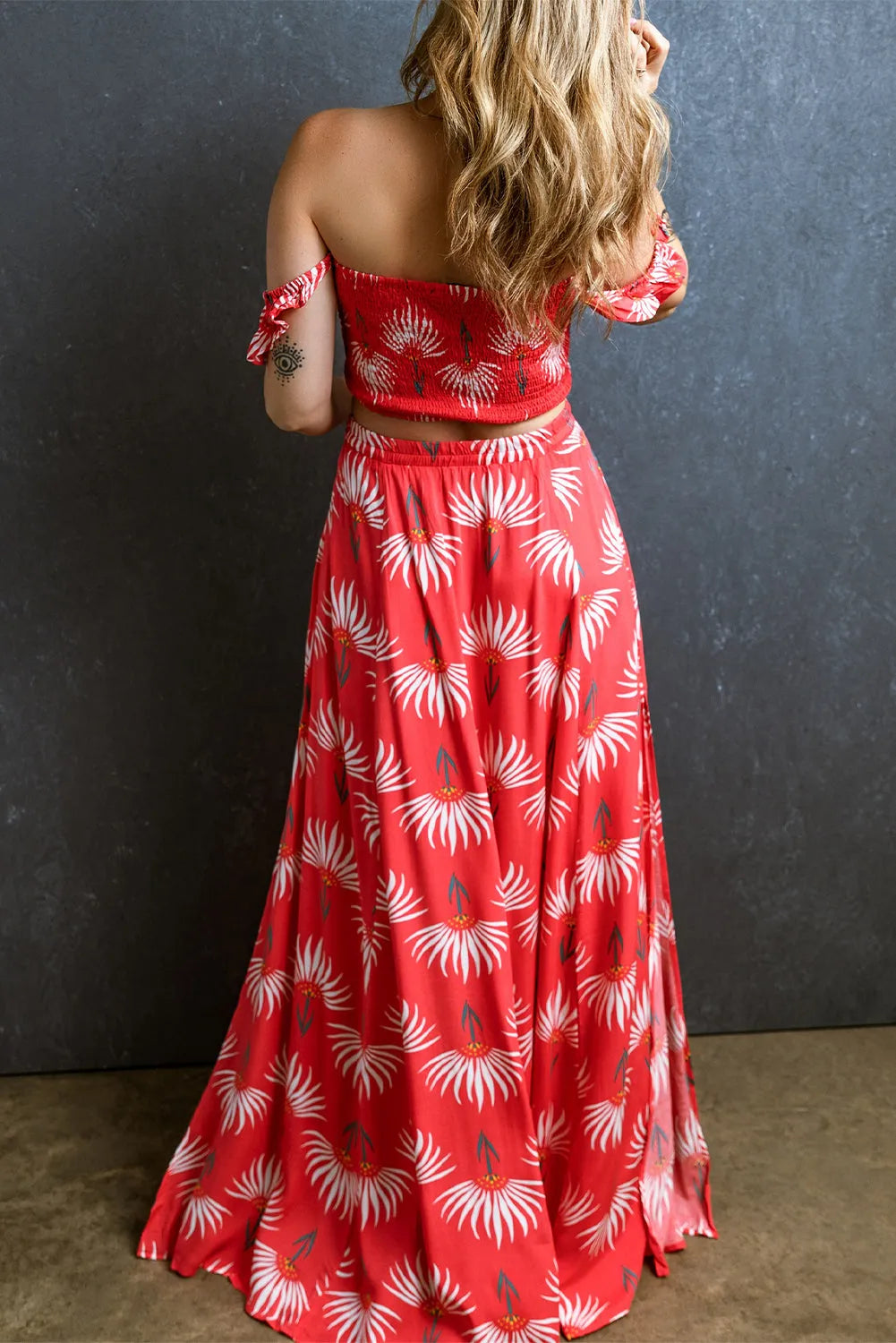 Red Floral Shirred Off Shoulder Crop Top and Slit Maxi Skirt Set - Chic Meadow Boutique 