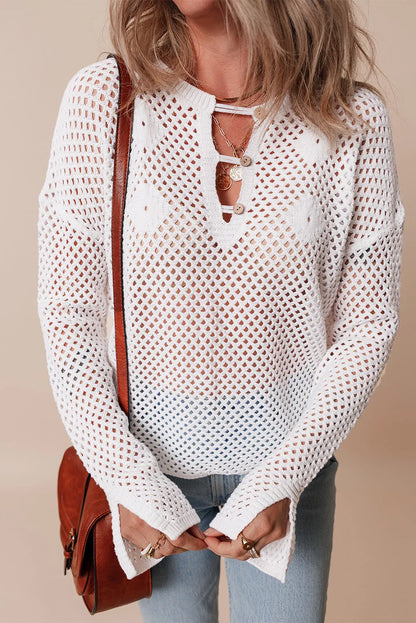 White Open Knit Buttoned Neck Split Sleeve Sweater - Chic Meadow Boutique 