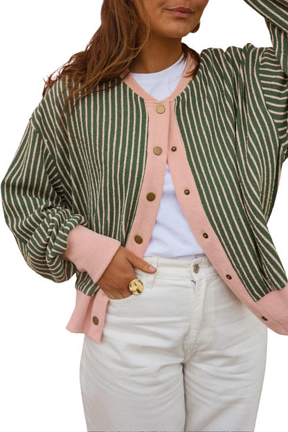 Green Stripe Striped V Neck Patchwork Long Sleeve Regular Fit Cardigan