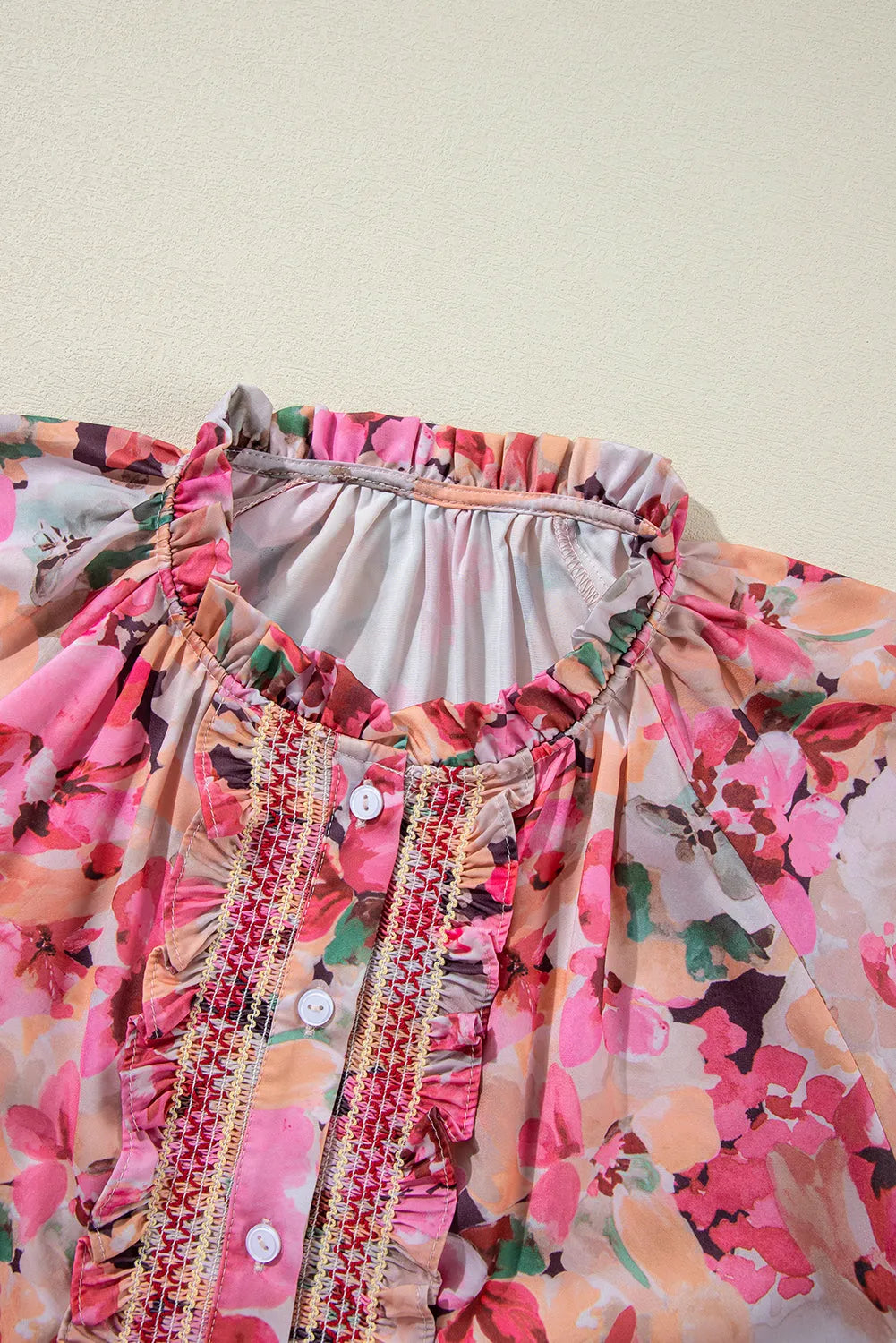 Red Floral Print Ruffled Stitch Buttoned Loose Fit Shirt - Chic Meadow Boutique 