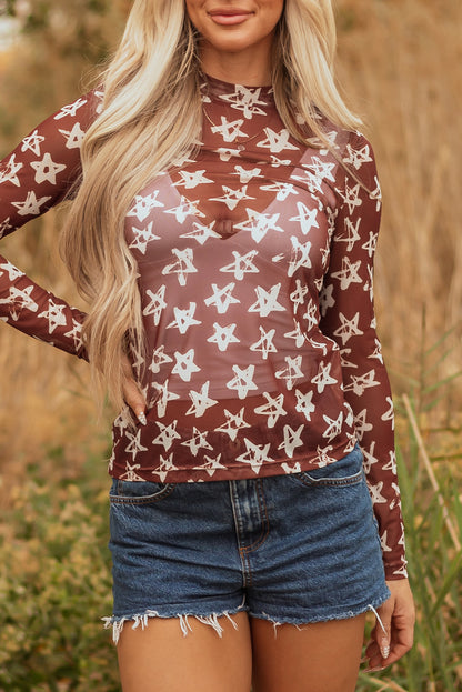 Red Mesh Star Print Mock Neck Sheath Long Sleeve Top