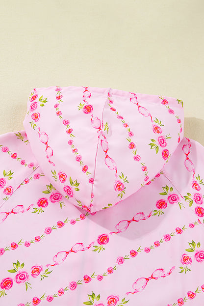 Pink Floral Print Half Zip Kangaroo Pouch Drawstring Hoodie