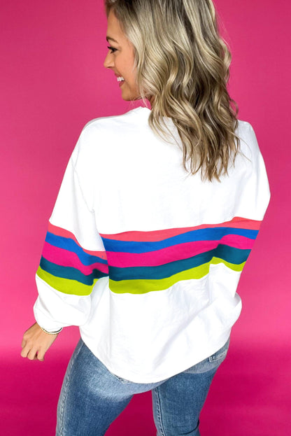 Tops/Long Sleeve Tops White Colorful Striped Accent Long Sleeve T Shirt