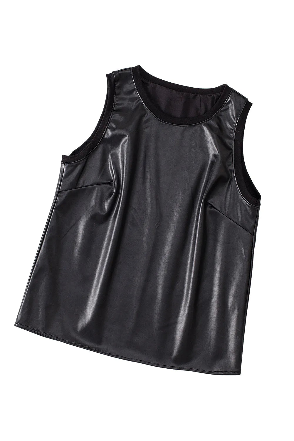 Black Faux Leather Crew Neck Tank Top - Chic Meadow Boutique 