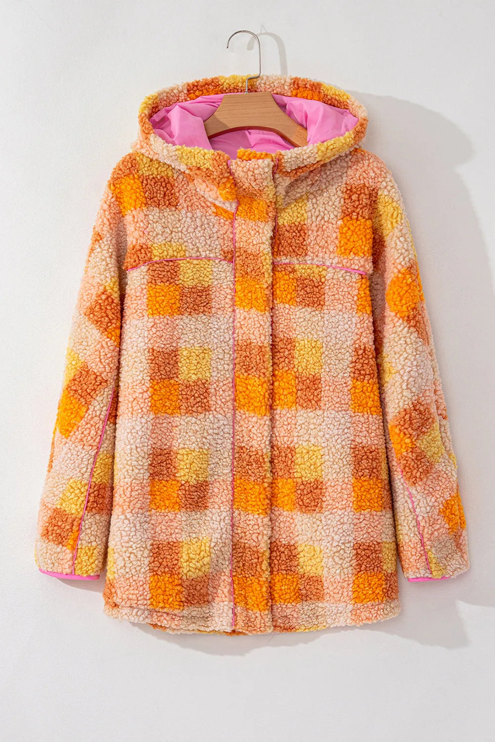 Orange Checkered Sherpa Hooded Jacket - Chic Meadow Boutique 