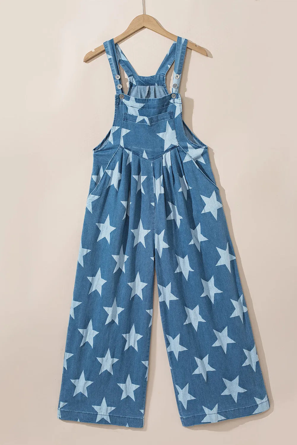 Star Print Buttoned Strap Pleat Wide Leg Denim Overall - Chic Meadow Boutique 