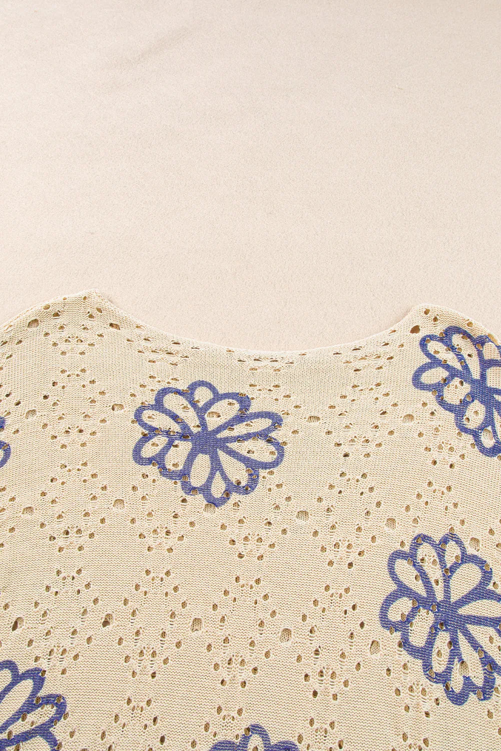 Beige Contrast Flower Print Eyelet Drop Shoulder Sweater - Chic Meadow Boutique 