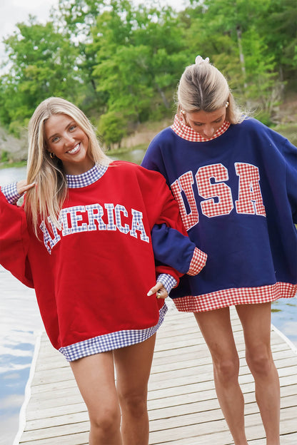 Red Plaid Trim High Neck AMERICA/ USA Letter Graphic Baggy Sweatshirt