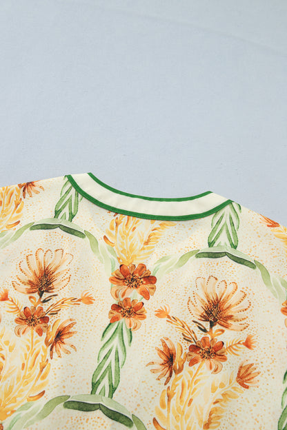 Yellow Floral Print V Neck Long Sleeve Shirt