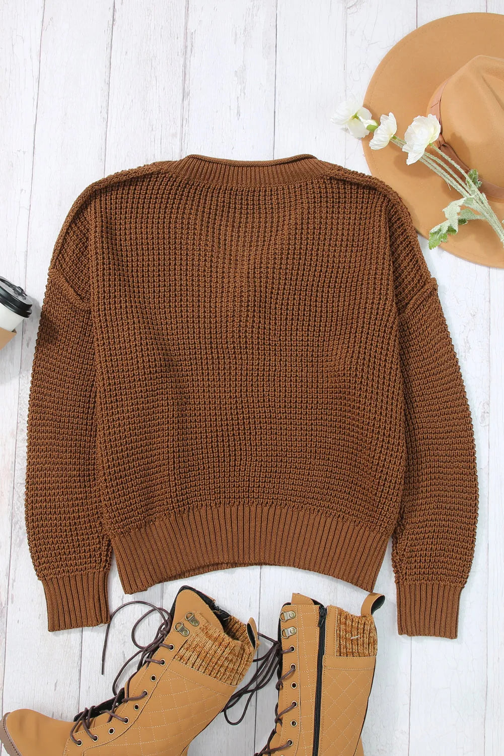 Coffee Pointelle Knit Button V Neck Drop Shoulder Sweater - Chic Meadow Boutique 