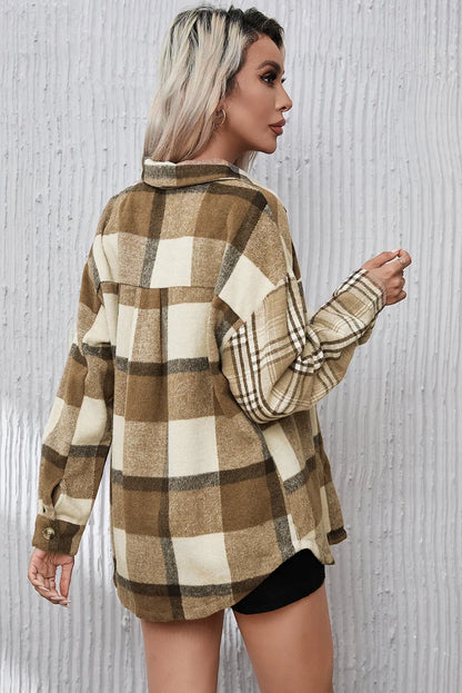 Parchment Contrast Plaid Patchwork Flap Pocket Shacket - Chic Meadow Boutique 