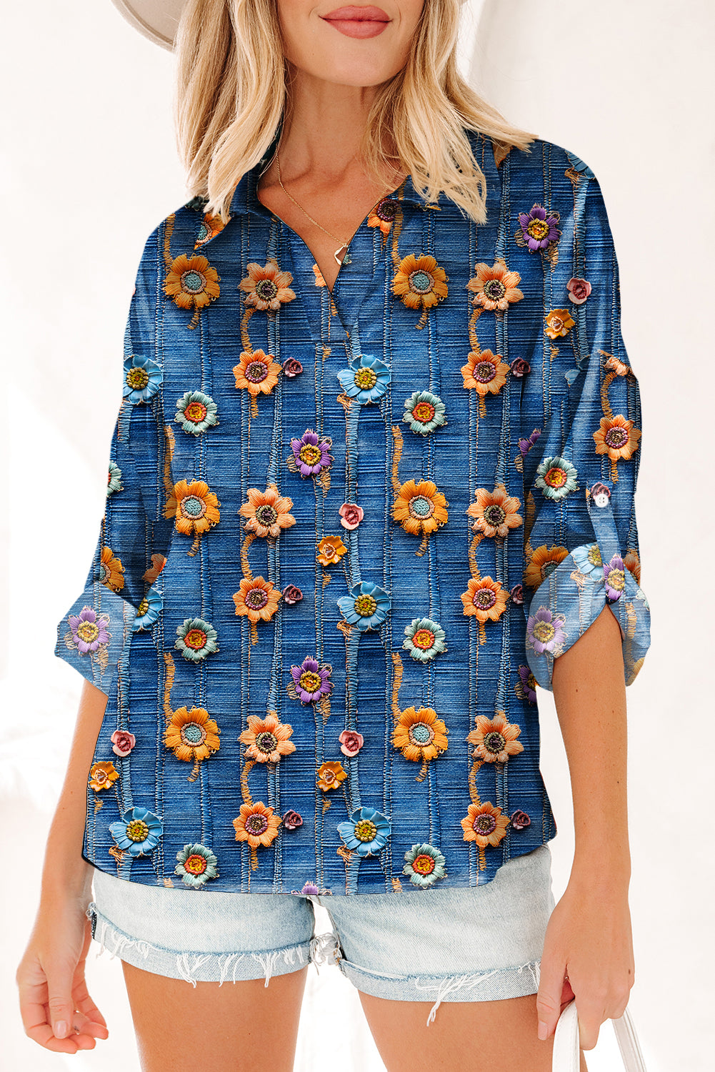 Blue Floral Collared V Neck Roll up Sleeve Shift Blouse