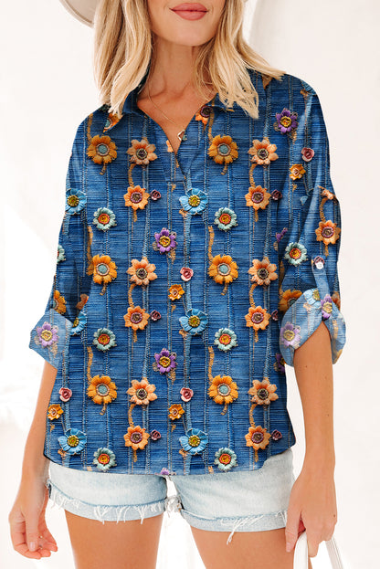 Blue Floral Collared V Neck Roll up Sleeve Shift Blouse