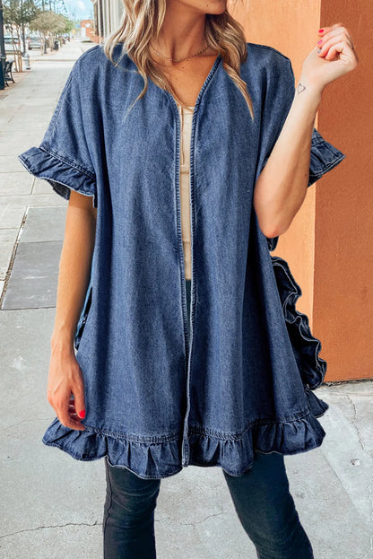 Dusk Blue Chambray Ruffle Hem Half Sleeve Open Loose Kimono - Chic Meadow Boutique 