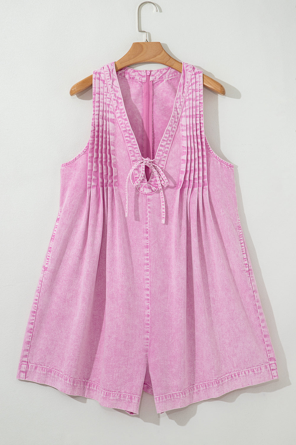 Bonbon Mineral Wash Pleated Bust V Neck Sleeveless Denim Romper