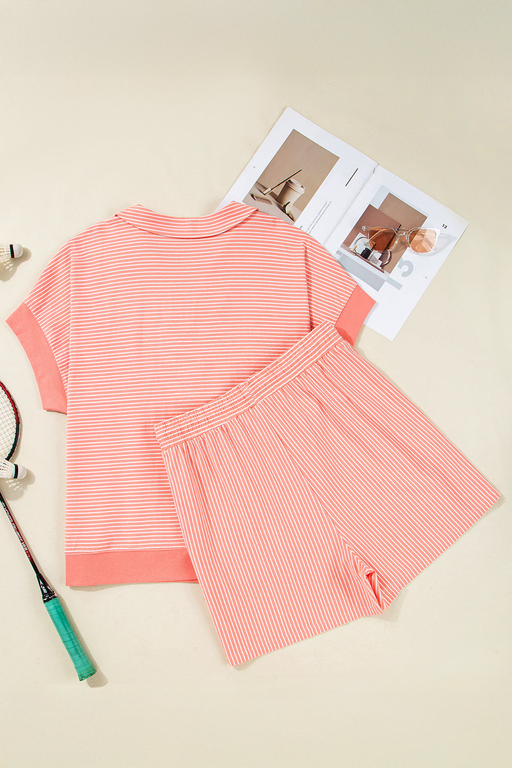 Orange Stripe Loose Polo T Shirt and Shorts Plus Size 2pcs Outfit