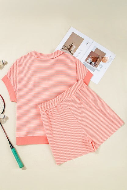 Orange Stripe Loose Polo T Shirt and Shorts Plus Size 2pcs Outfit