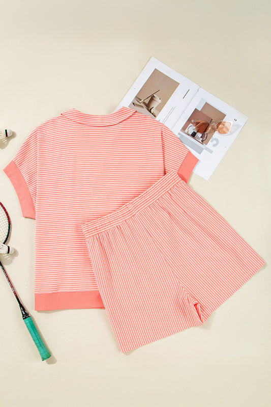 Orange Stripe Loose Polo T Shirt and Shorts Plus Size 2pcs Outfit