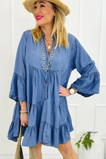 Sky Blue Chambray Ruffled 3/4 Sleeve Tiered Split V Neck Mini Dress - Chic Meadow Boutique 